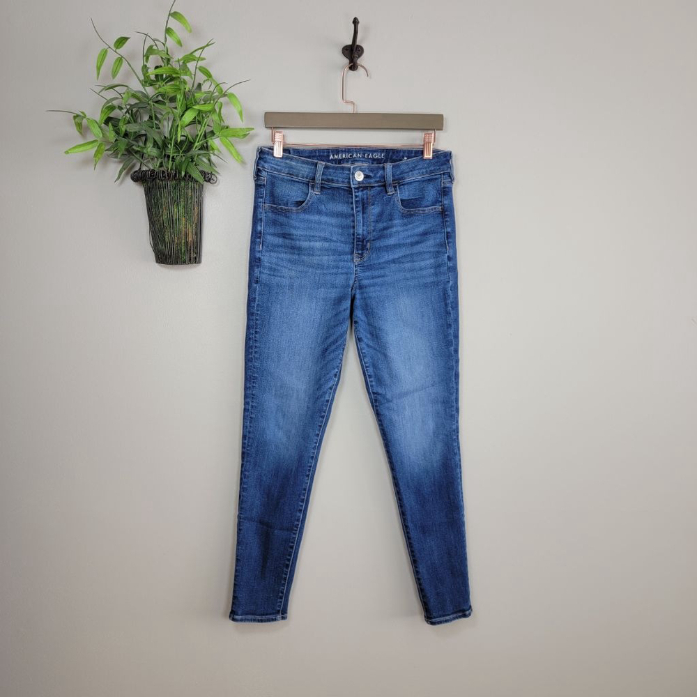 American Eagle Skinny Jeans Hi Rise Jeggings Dark Blue Wash Stretch Denim AE 12